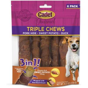 imageCadet Gourmet Triple Chews LongLasting Pork Hide Sticks with Sweet Potato and Chicken Healthy Dog Treats for Small ampamp Large Dogs 6 CountDuck
